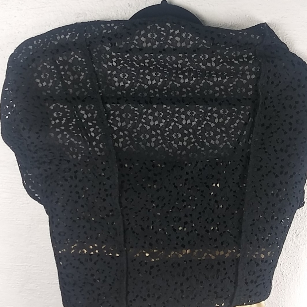 Betsy & Adam Black Gold Crochet Straight Neckline Spaghetti Strap Mini Dress - Picture 14 of 15